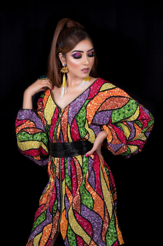 Sequins Embroidered Dress With Belt - Multicoloured