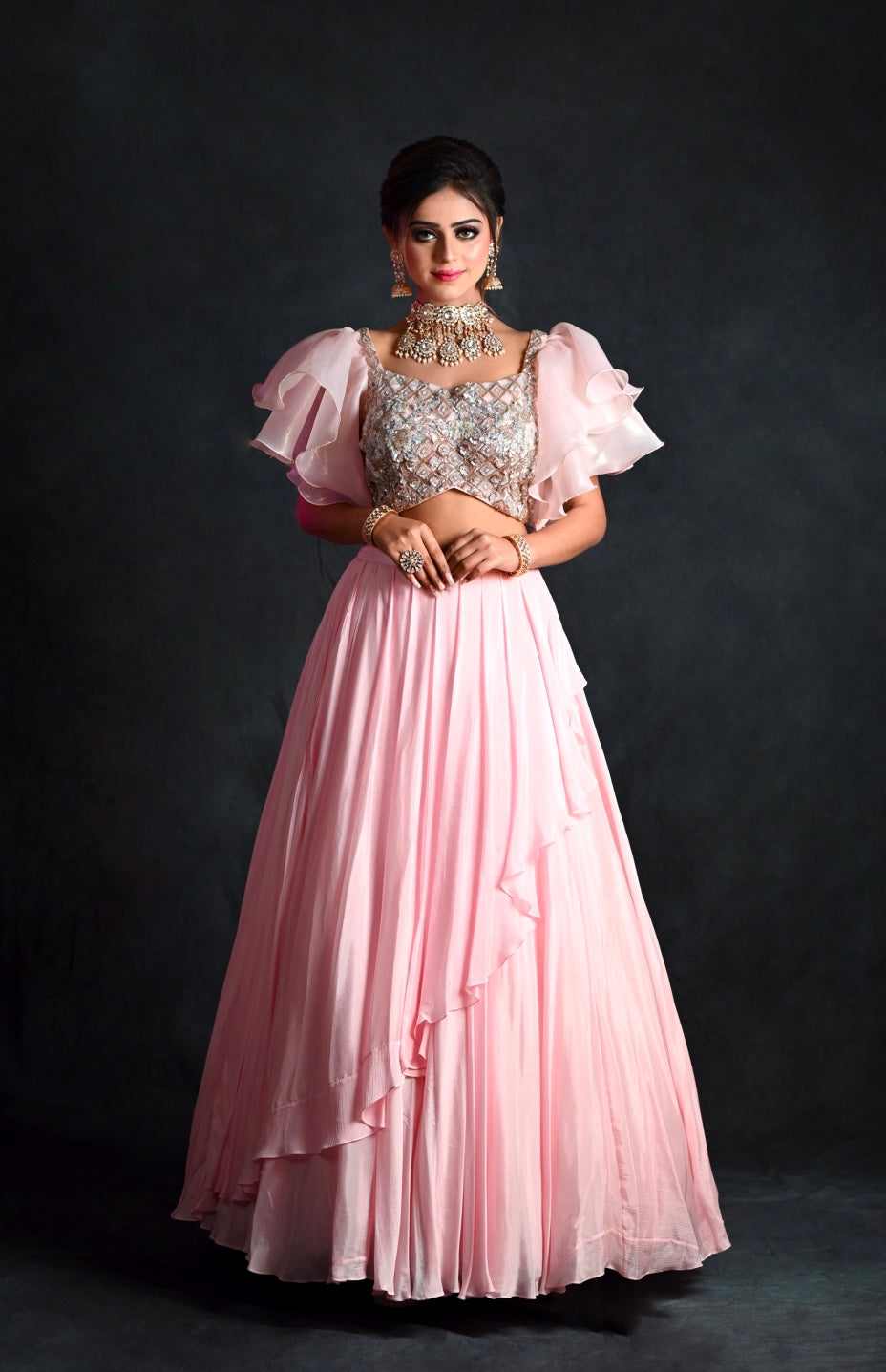 Blush Pink Ruffled Sleeve Crop Top With Chiffon Skirt