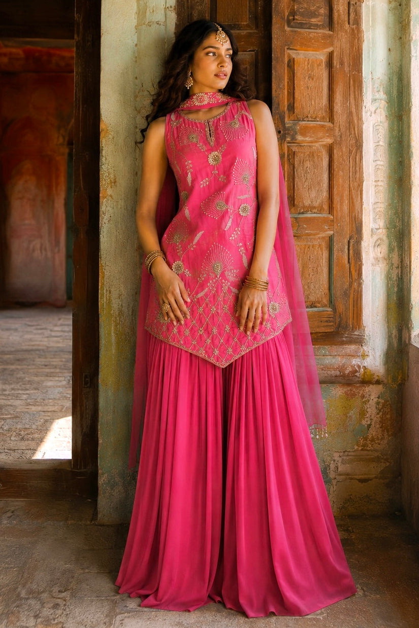 3D Gota Patti Gharara Set - PINK
