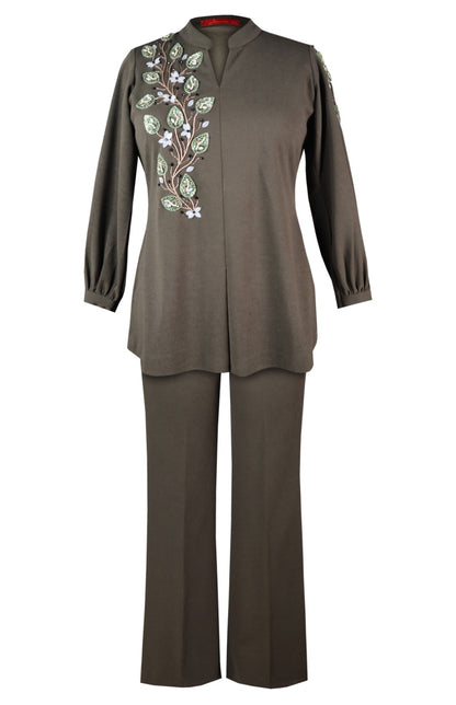 3D Leaves Embroidery Co-ord Set - OLIVE