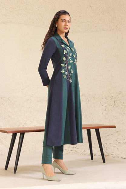 3D Leaves Embroidery Dual Shade Kurta Set - GREEN/NAVY
