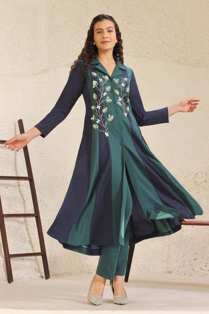 3D Leaves Embroidery Dual Shade Kurta Set - GREEN/NAVY