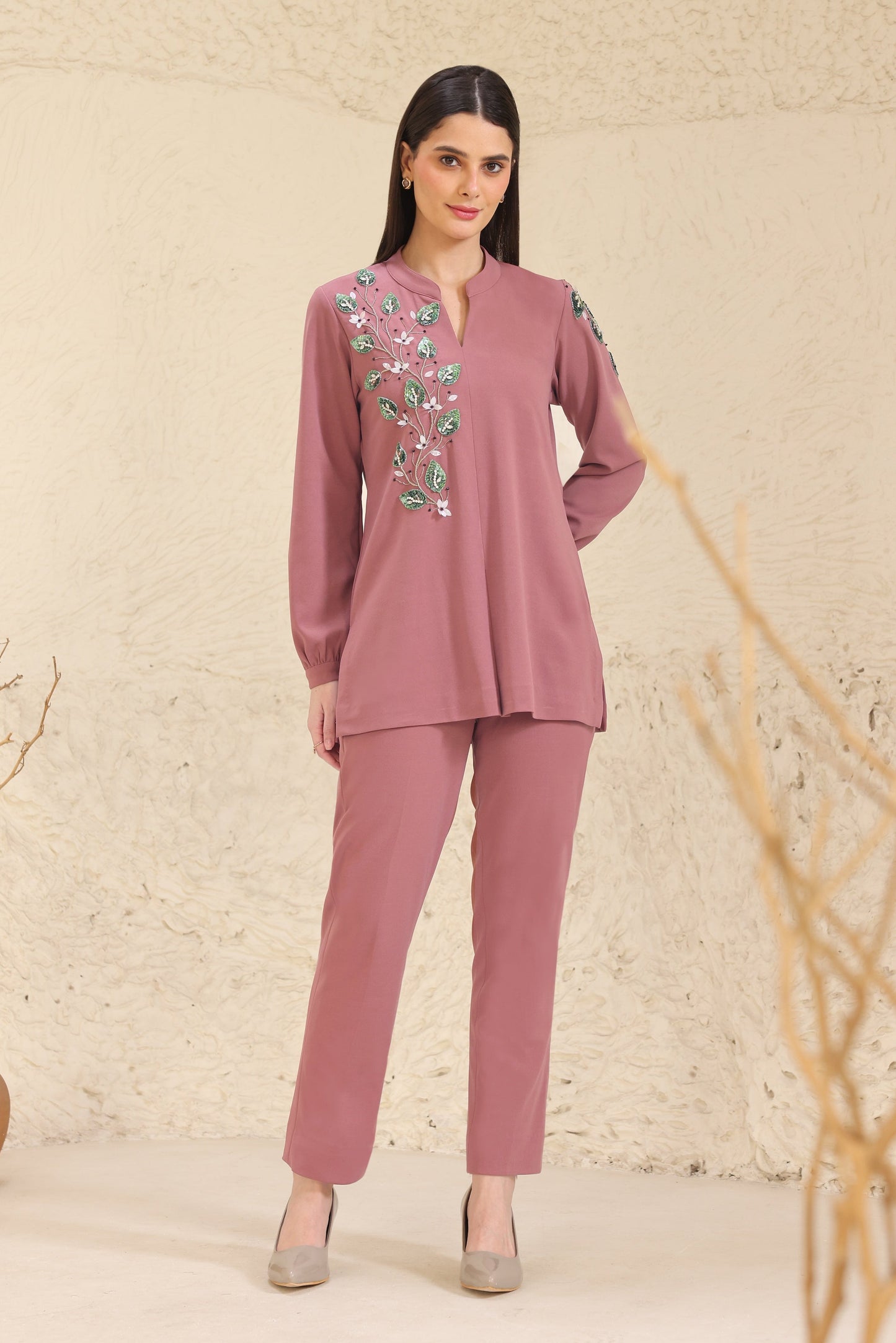 3D Leaves Embroidery Co-ord Set - DUSTY ROSE