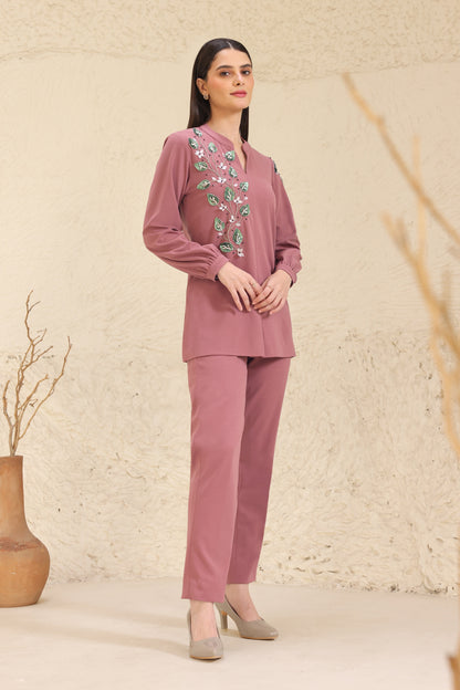 3D Leaves Embroidery Top - DUSTY ROSE