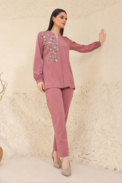 3D Leaves Embroidery Co-ord Set - DUSTY ROSE