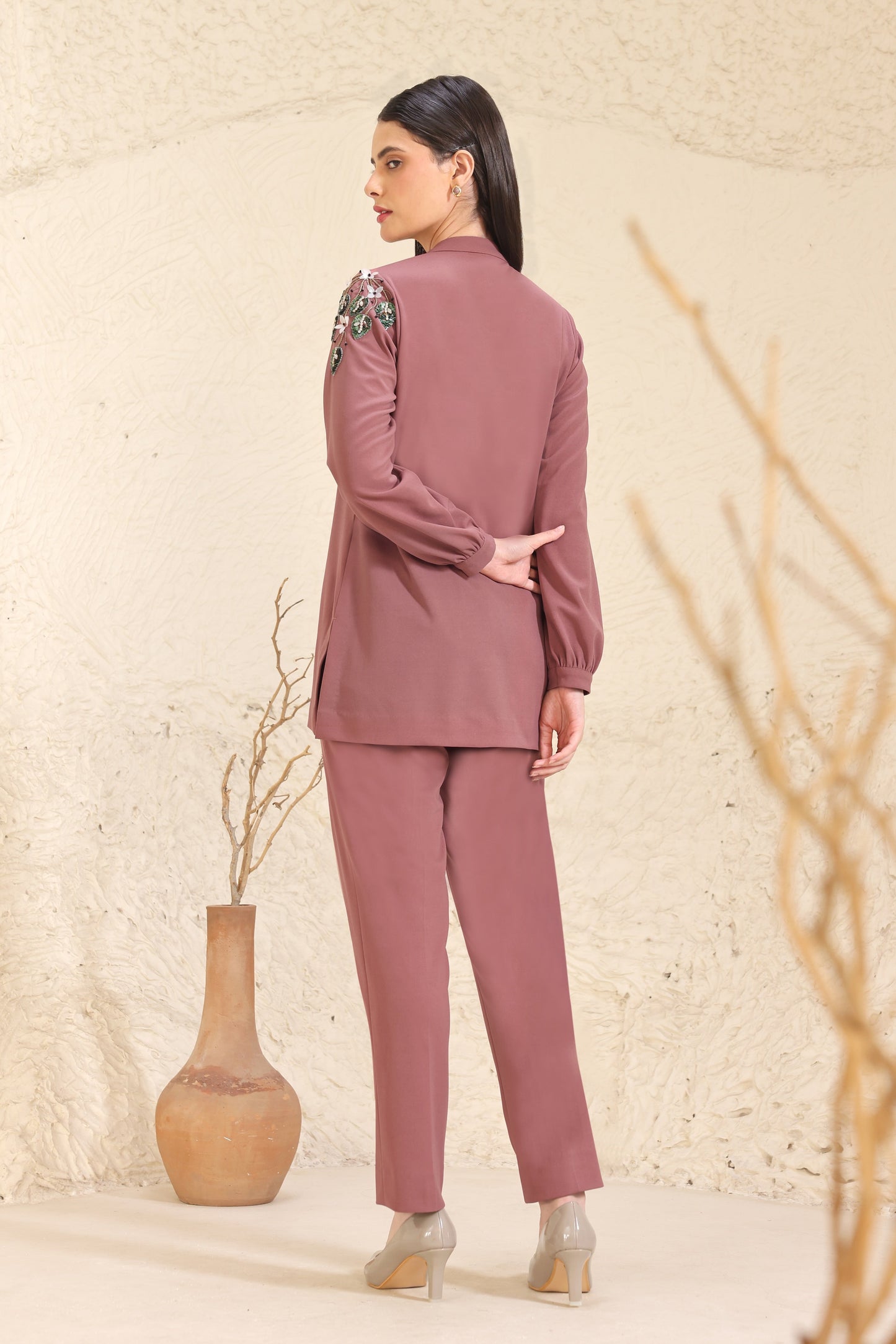 3D Leaves Embroidery Co-ord Set - DUSTY ROSE