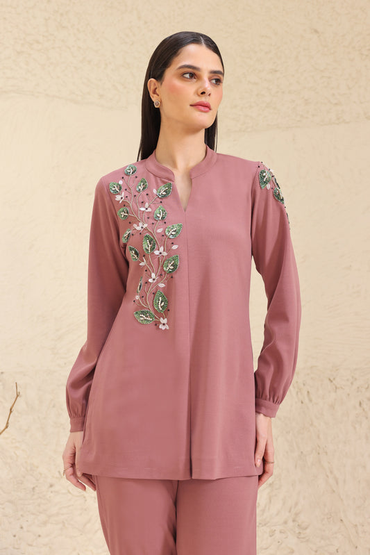 3D Leaves Embroidery Top - DUSTY ROSE