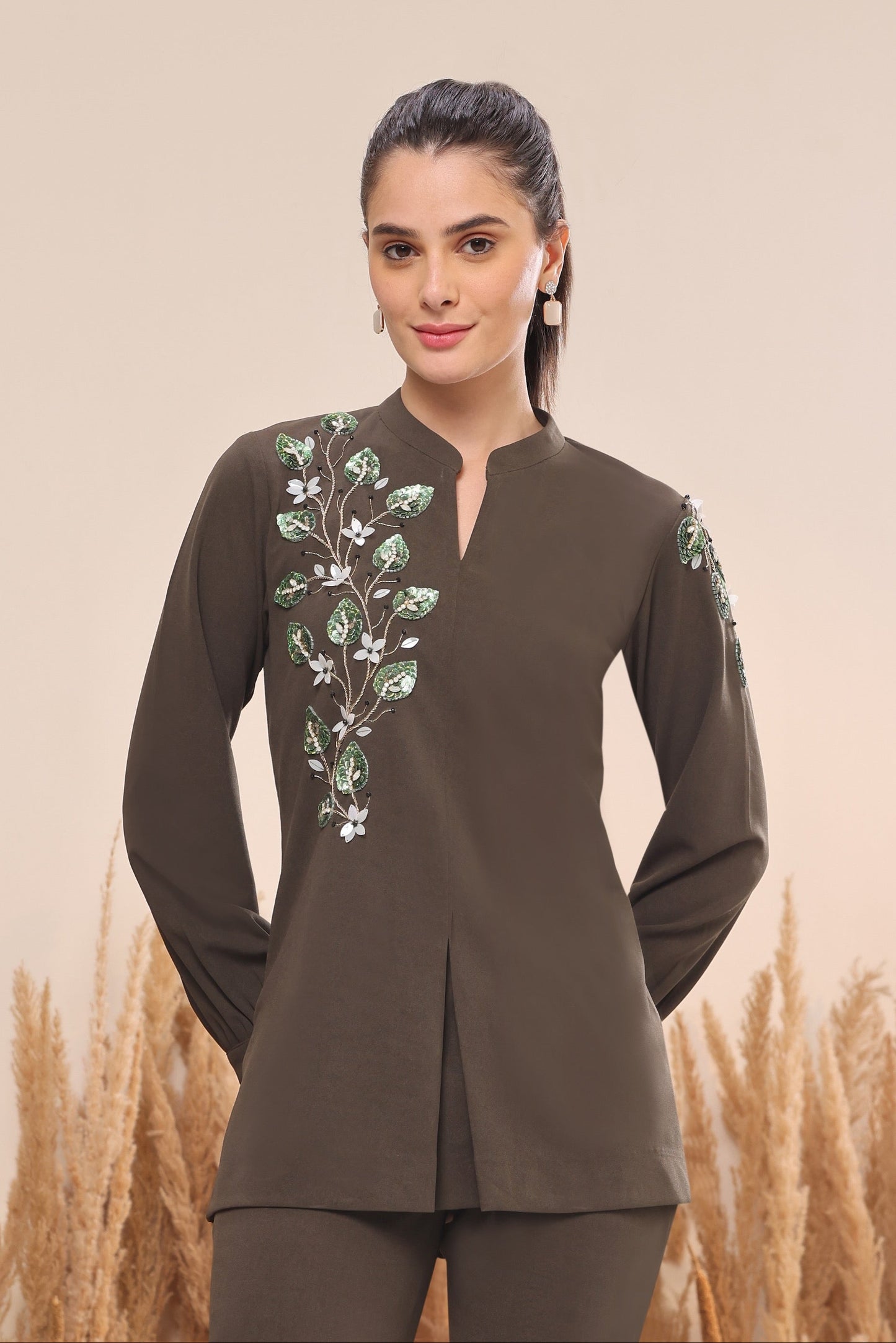 3D Leaves Embroidery Top - OLIVE