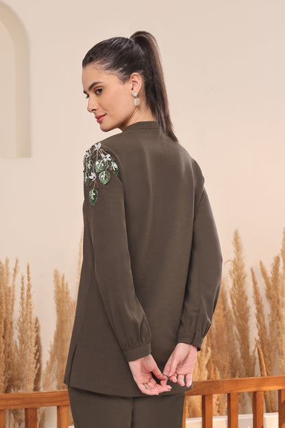3D Leaves Embroidery Top - OLIVE