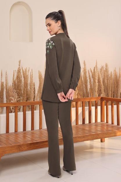 3D Leaves Embroidery Co-ord Set - OLIVE