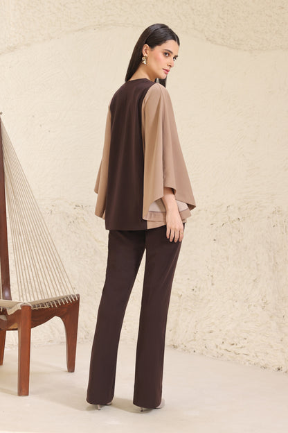 3D Leaves Embroidery Cape Co-ord Set - BROWN