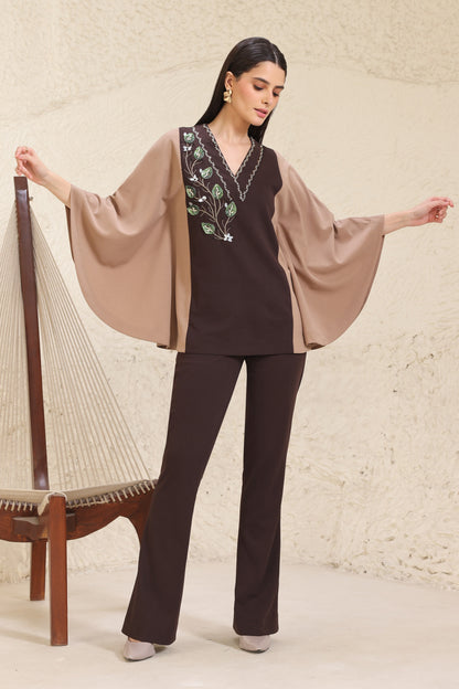 3D Leaves Embroidery Cape Co-ord Set - BROWN