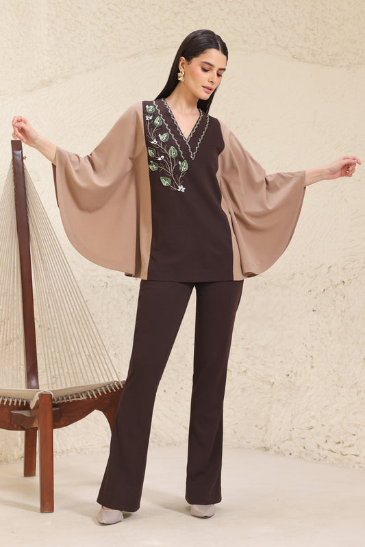 3D Leaves Embroidery Cape Co-ord Set - BROWN