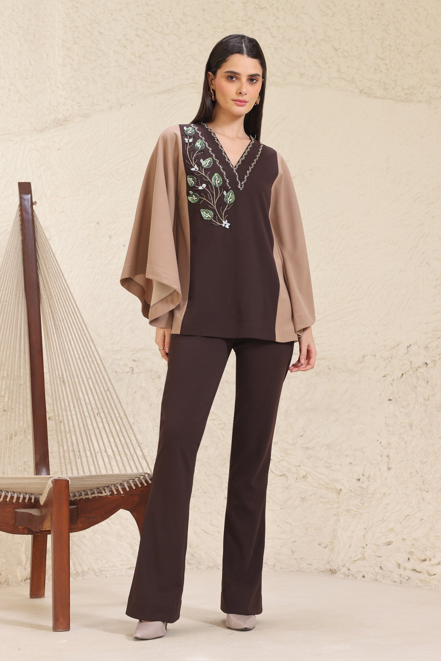3D Leaves Embroidery Cape Top - BROWN