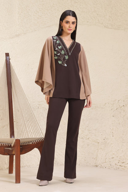 3D Leaves Embroidery Cape Top - BROWN