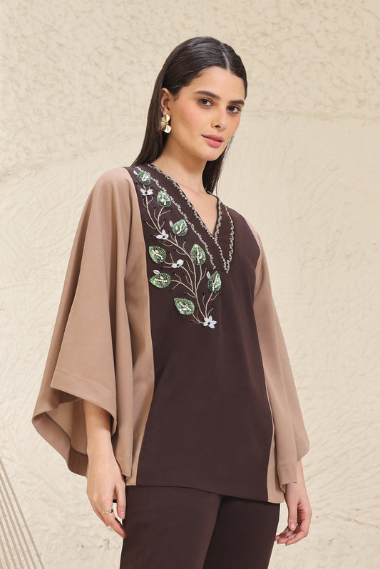 3D Leaves Embroidery Cape Top - BROWN