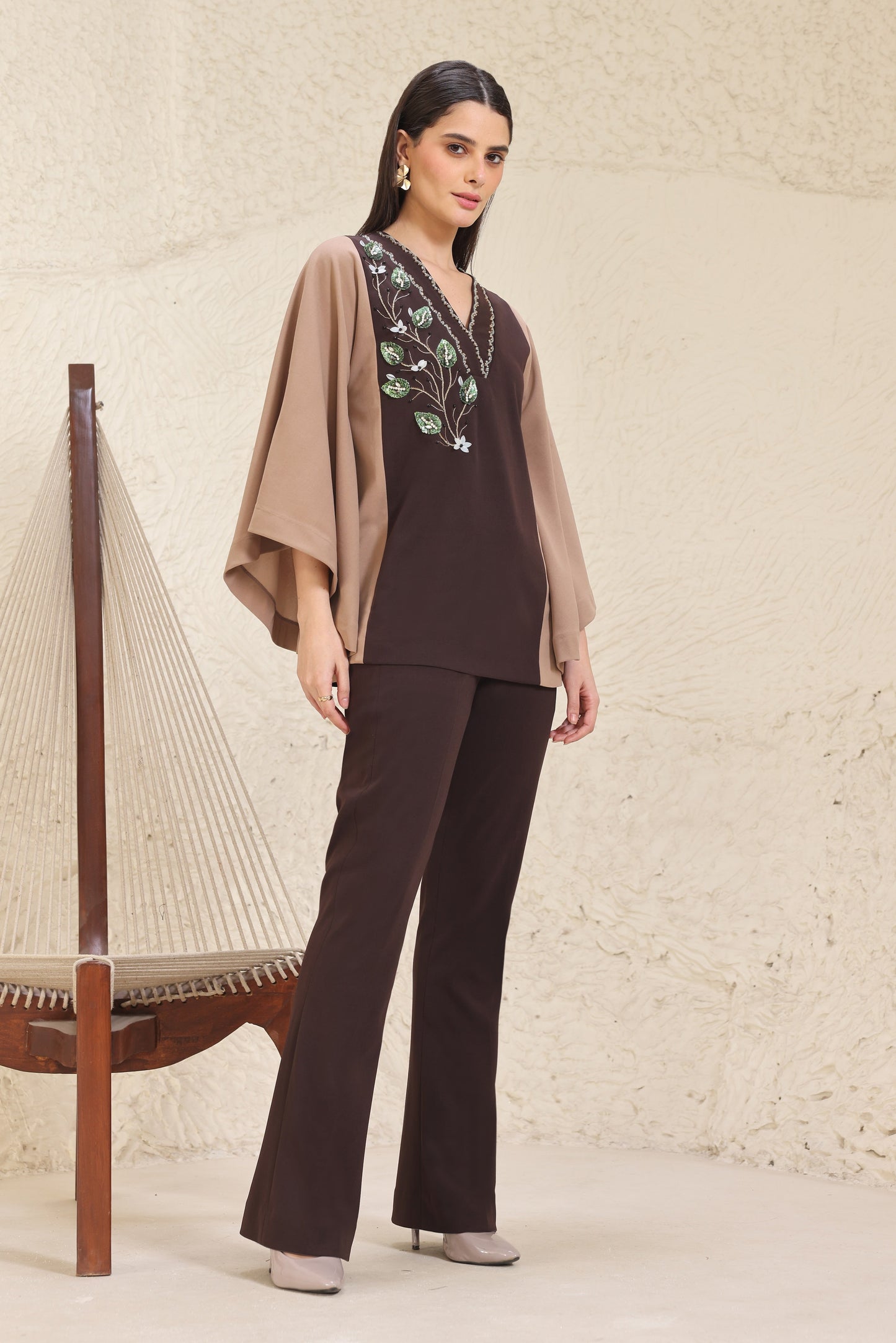 3D Leaves Embroidery Cape Co-ord Set - BROWN