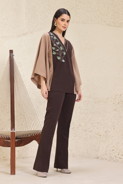 3D Leaves Embroidery Cape Co-ord Set - BROWN