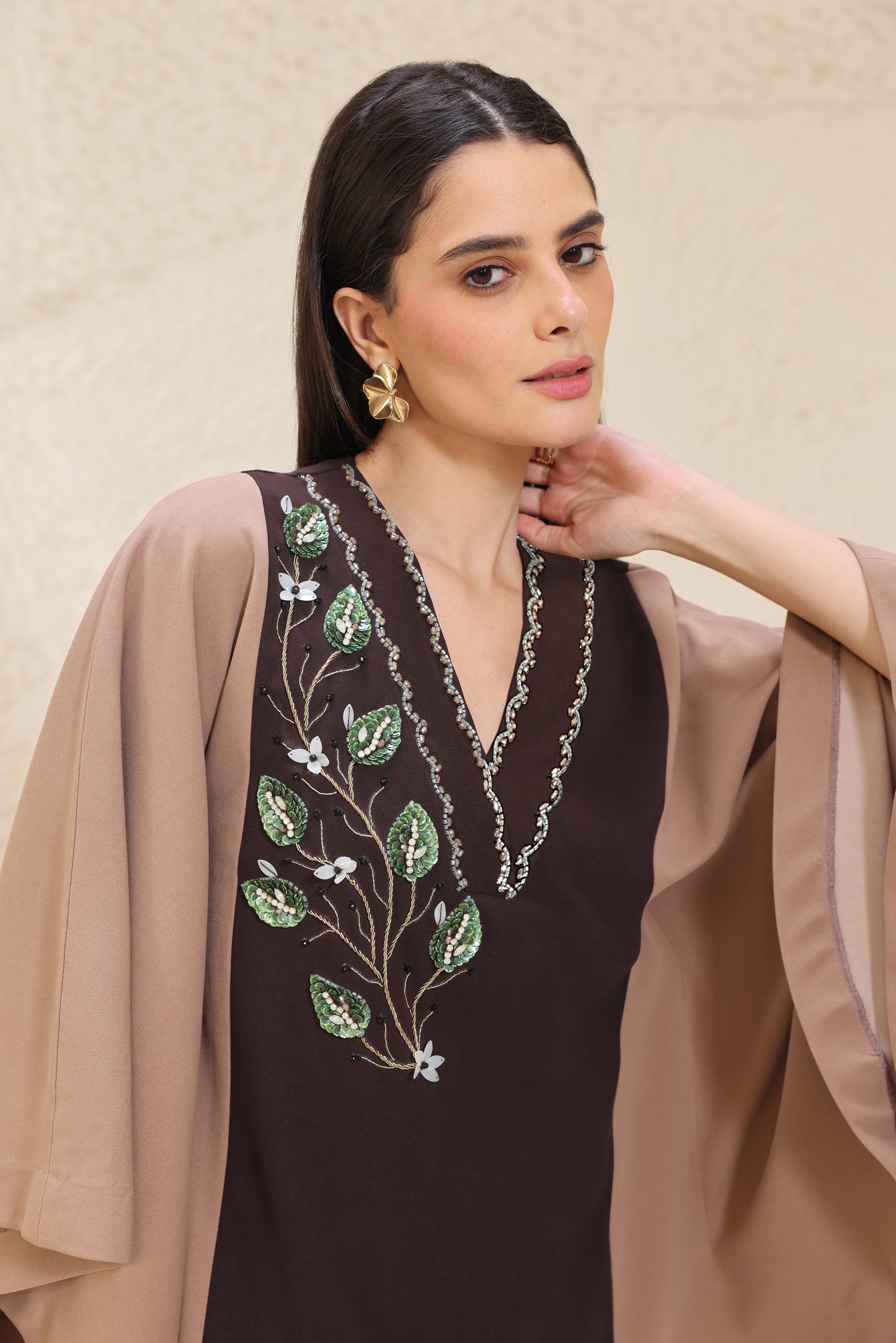 3D Leaves Embroidery Cape Top - BROWN