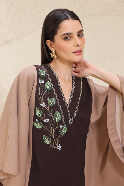 3D Leaves Embroidery Cape Top - BROWN