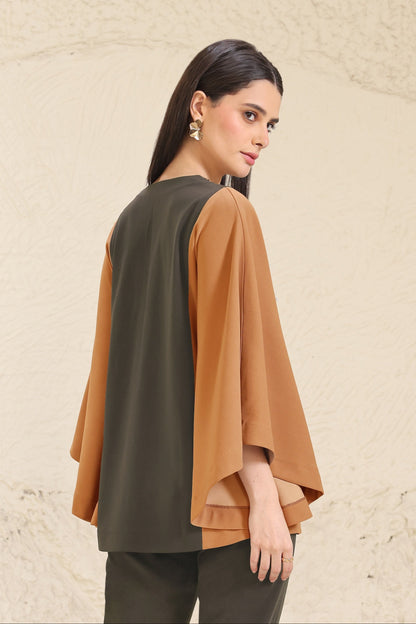 3D Leaves Embroidery Cape Top - OLIVE