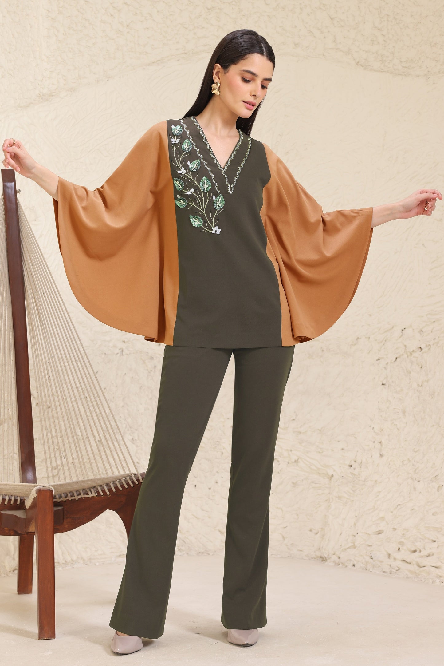 3D Leaves Embroidery Cape Co-ord Set - OLIVE