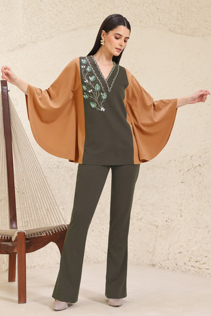 3D Leaves Embroidery Cape Co-ord Set - OLIVE