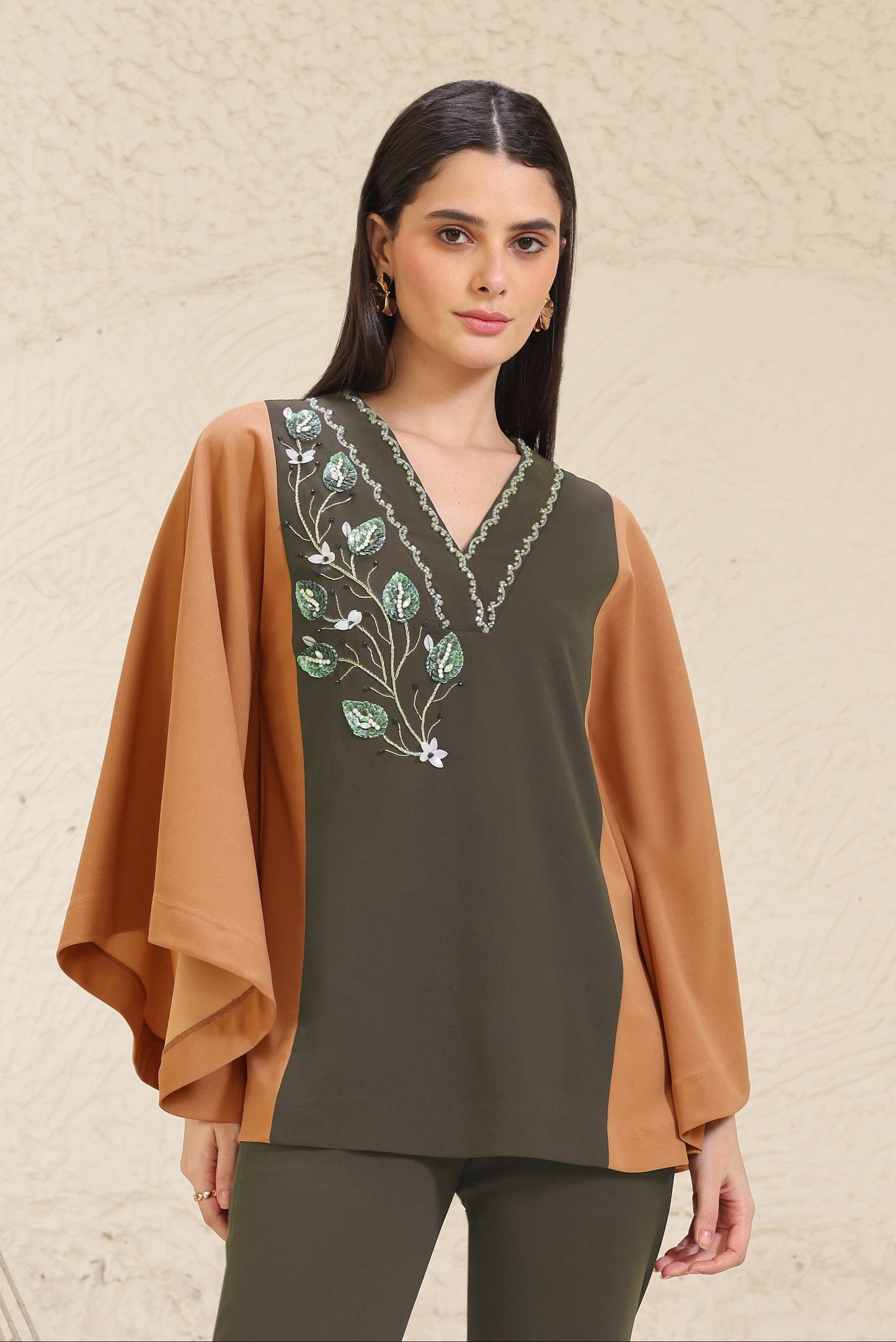 3D Leaves Embroidery Cape Top - OLIVE