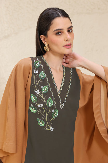 3D Leaves Embroidery Cape Co-ord Set - OLIVE