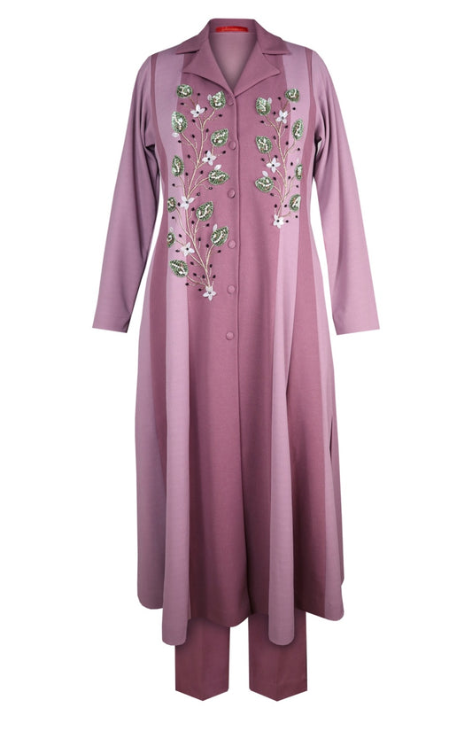 3D Leaves Embroidery Dual Shade Kurta Set - MAUVE