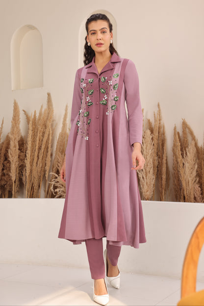 3D Leaves Embroidery Dual Shade Kurta Set - MAUVE