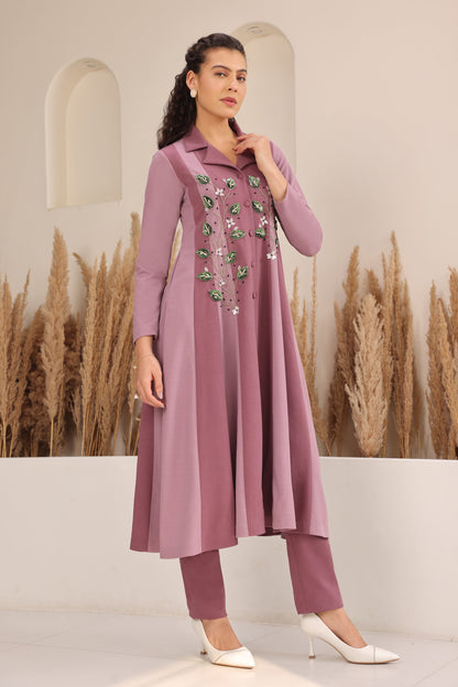 3D Leaves Embroidery Dual Shade Kurta Set - MAUVE
