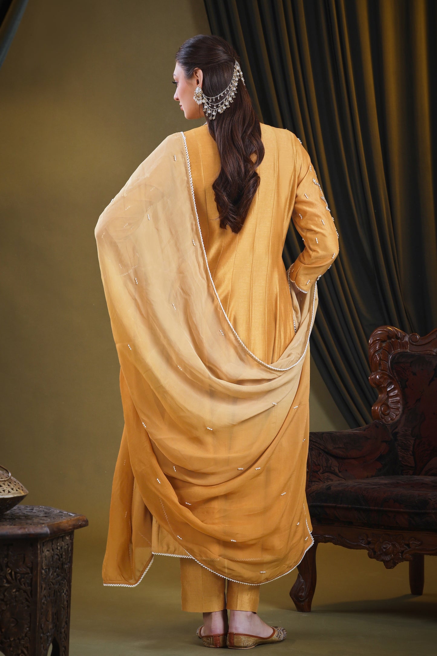 Kora Silk Anarkali With 3D Pearl Embroidery - GOLDEN