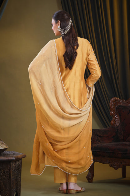 Kora Silk Anarkali With 3D Pearl Embroidery - GOLDEN