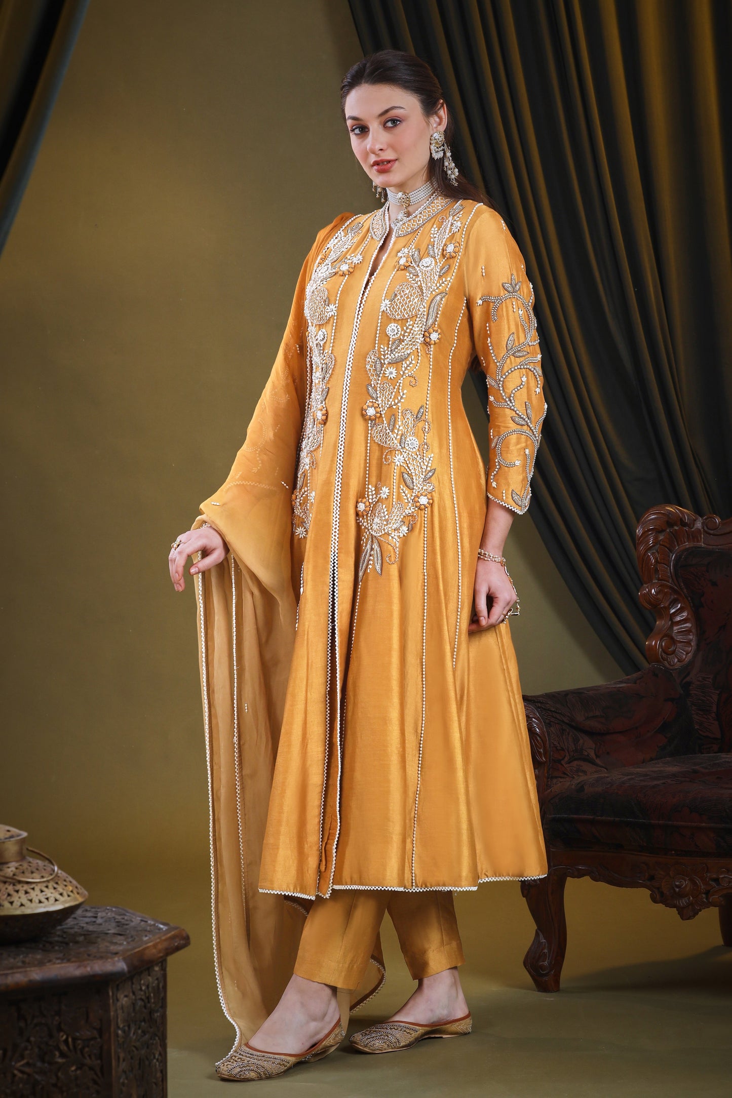 Kora Silk Anarkali With 3D Pearl Embroidery - GOLDEN
