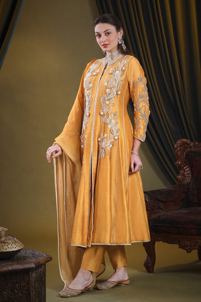 Kora Silk Anarkali With 3D Pearl Embroidery - GOLDEN