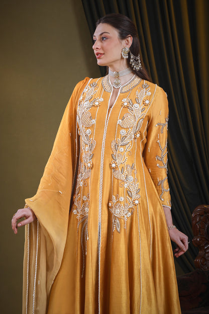 Kora Silk Anarkali With 3D Pearl Embroidery - GOLDEN