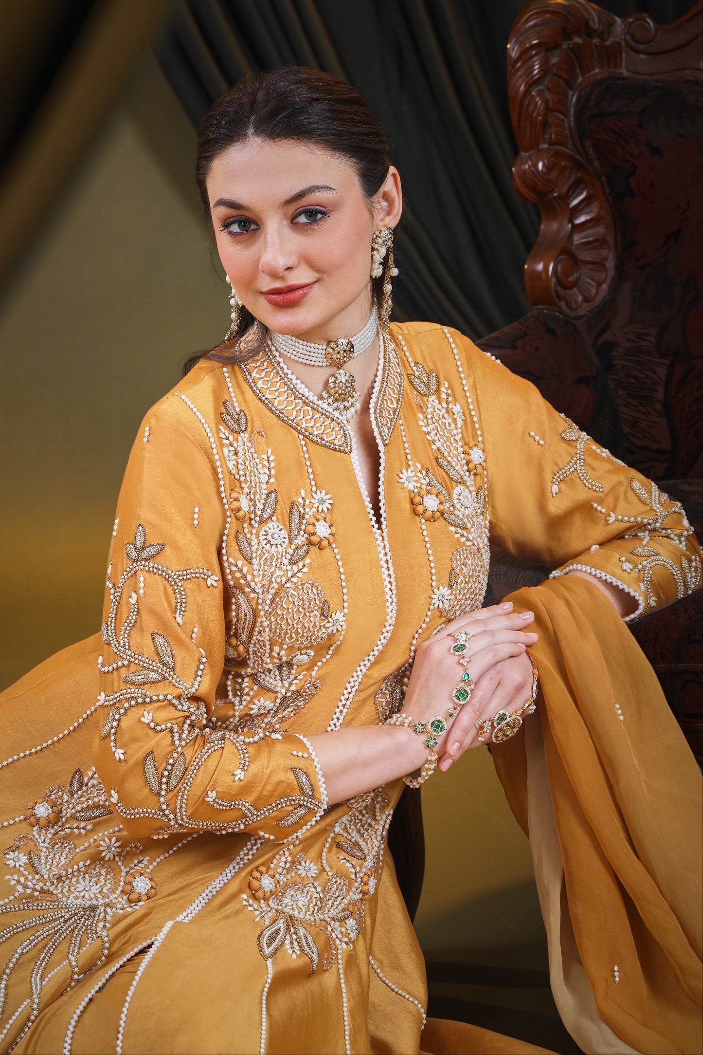 Kora Silk Anarkali With 3D Pearl Embroidery - GOLDEN