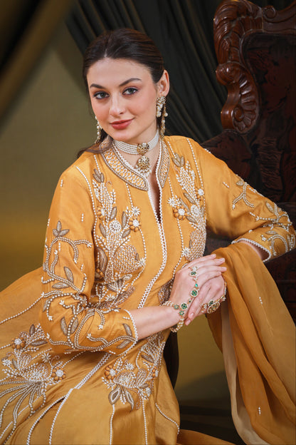 Kora Silk Anarkali With 3D Pearl Embroidery - GOLDEN