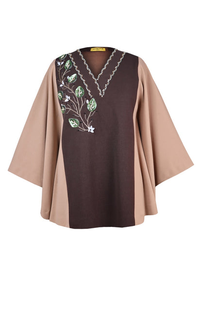 3D Leaves Embroidery Cape Top - BROWN