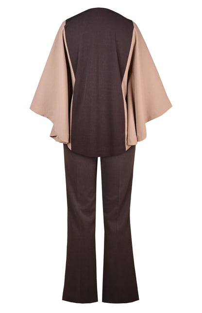 3D Leaves Embroidery Cape Co-ord Set - BROWN
