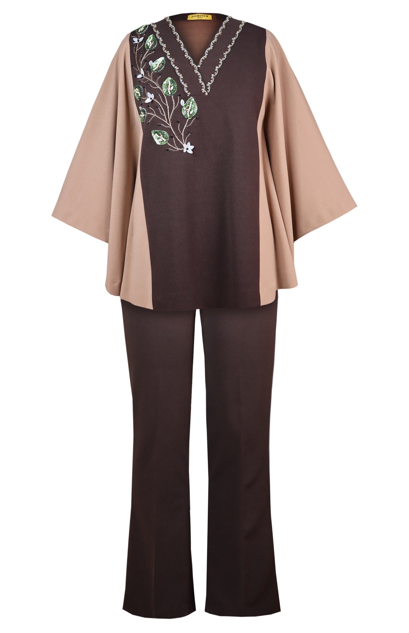 3D Leaves Embroidery Cape Co-ord Set - BROWN