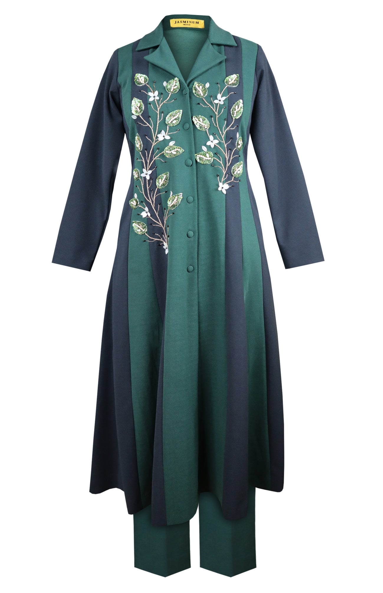 3D Leaves Embroidery Dual Shade Kurta Set - GREEN/NAVY