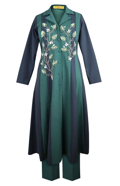 3D Leaves Embroidery Dual Shade Kurta Set - GREEN/NAVY