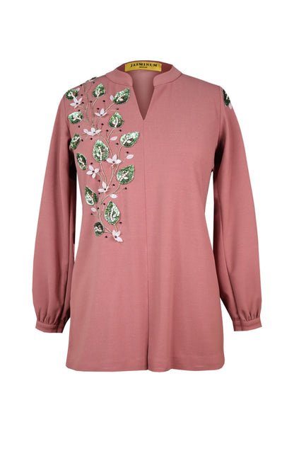 3D Leaves Embroidery Top - DUSTY ROSE