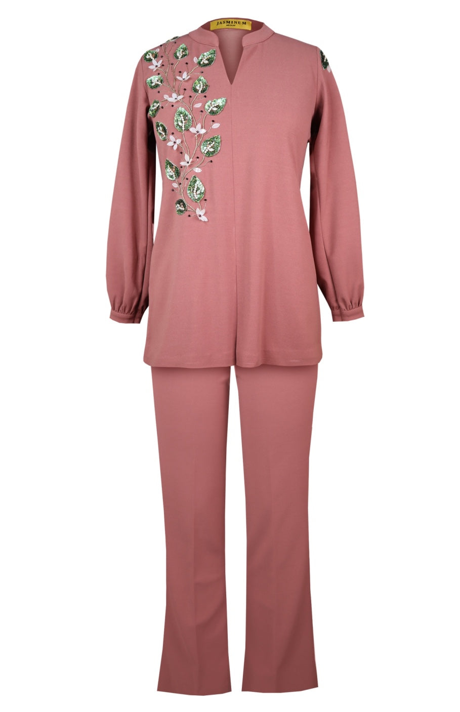 3D Leaves Embroidery Co-ord Set - DUSTY ROSE