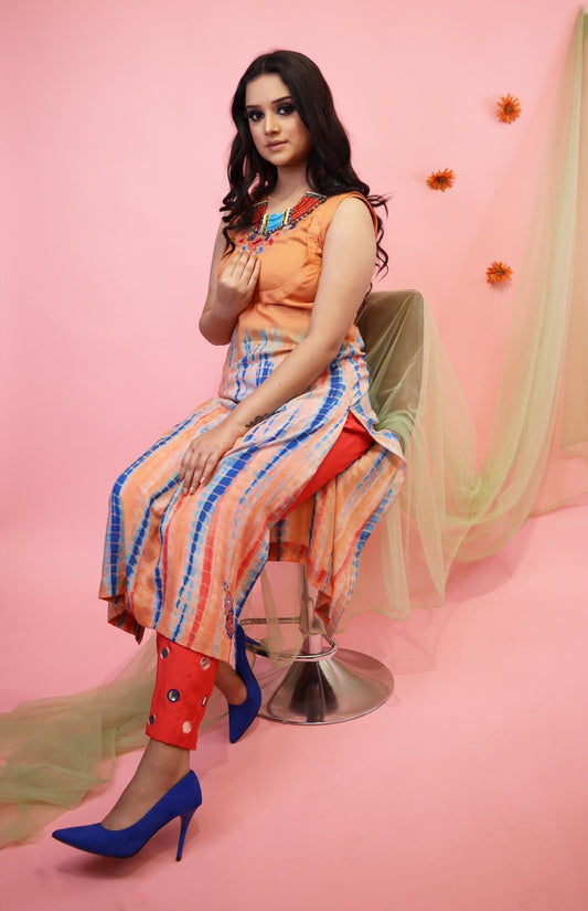 Mul Kurta Set With Mirror Embroidery - PEACH