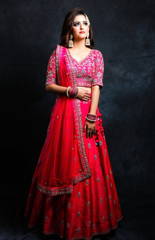 Raw Silk Lehnga - HOT PINK