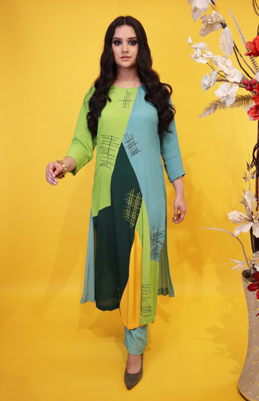 Quadri Color Block Kurta Set