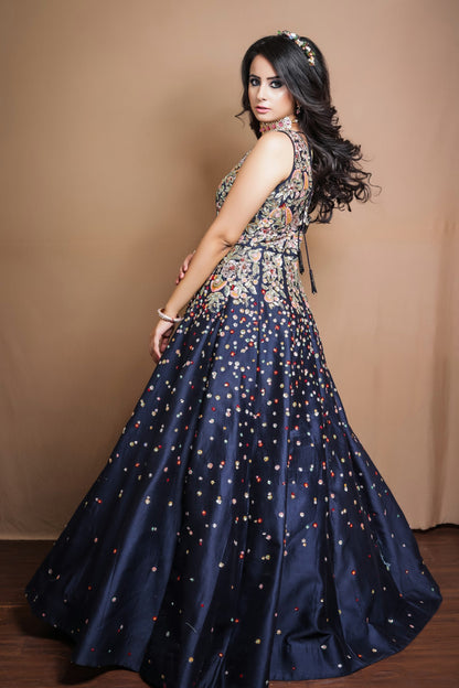 Navy Blue Gown With Multicoloured Sequins Embroidery